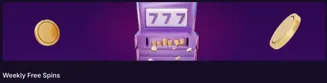 Purple slot machine with 777 symbols and gold coins – Weekly Free Spins promotion